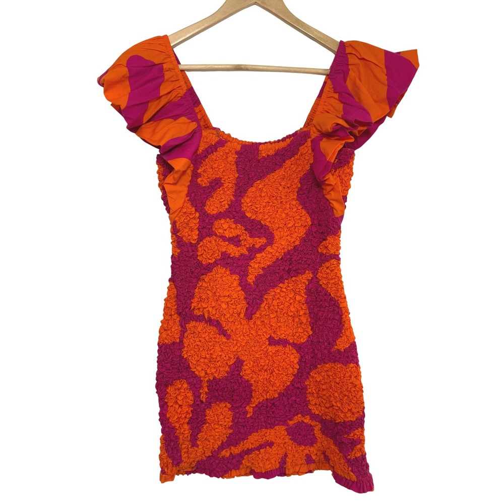 SAYLOR Textured Smocked Mini Dress Orange Pink Ruffle Resort Vacation Tropical M